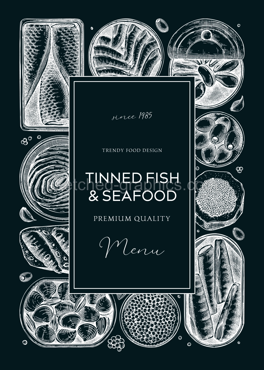 Canned fish frame design on chalkboard. Seafood background with hand-drawn sardines, anchovy, mackerel, tuna, mussels in tin can, fish canape drawings. Healthy food flyer or banner. Tinned fish sketch Illustration
